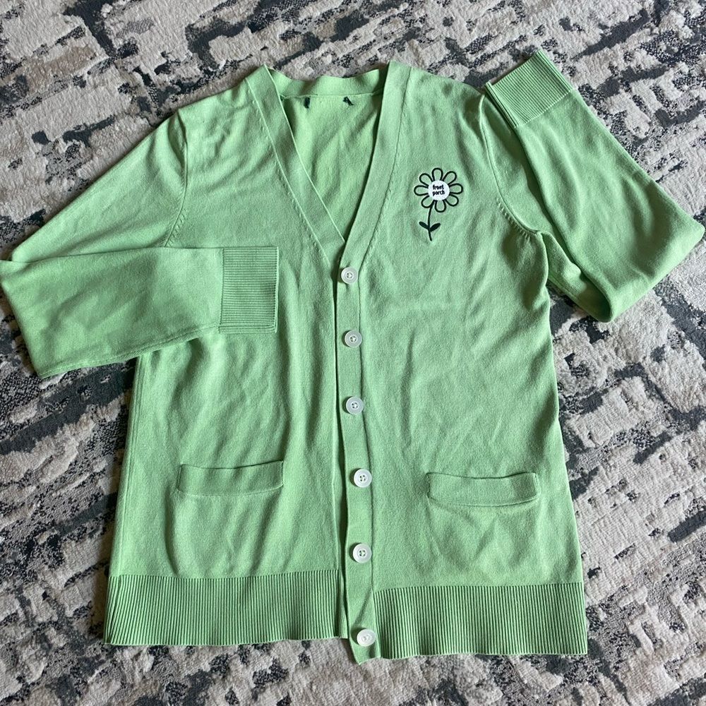 Green Cardigan Embroidered flower Womens Small